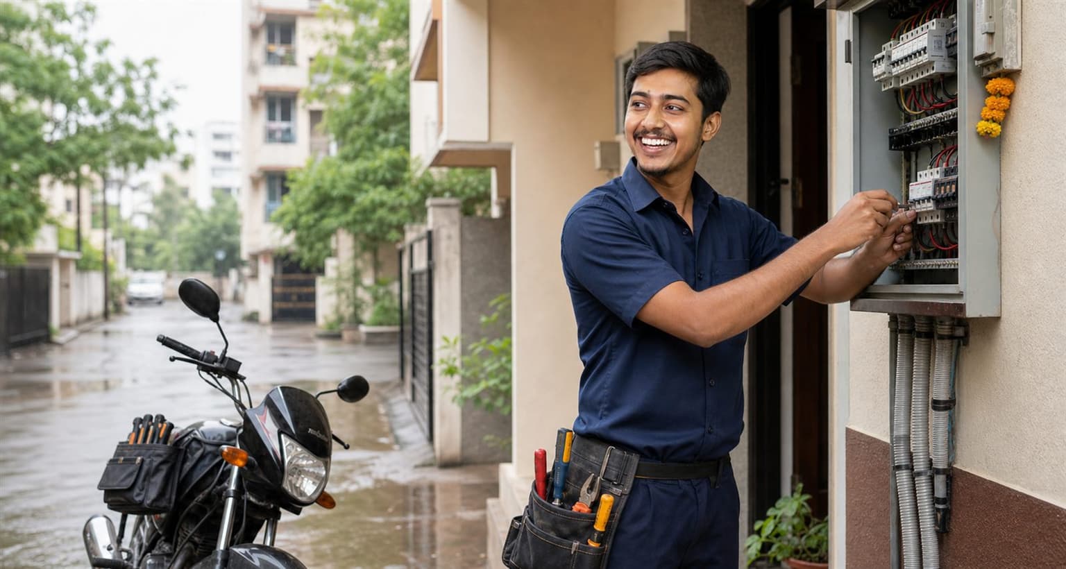भोसरीमध्ये electrical panel तपासत असलेले Bhavesh Electrician